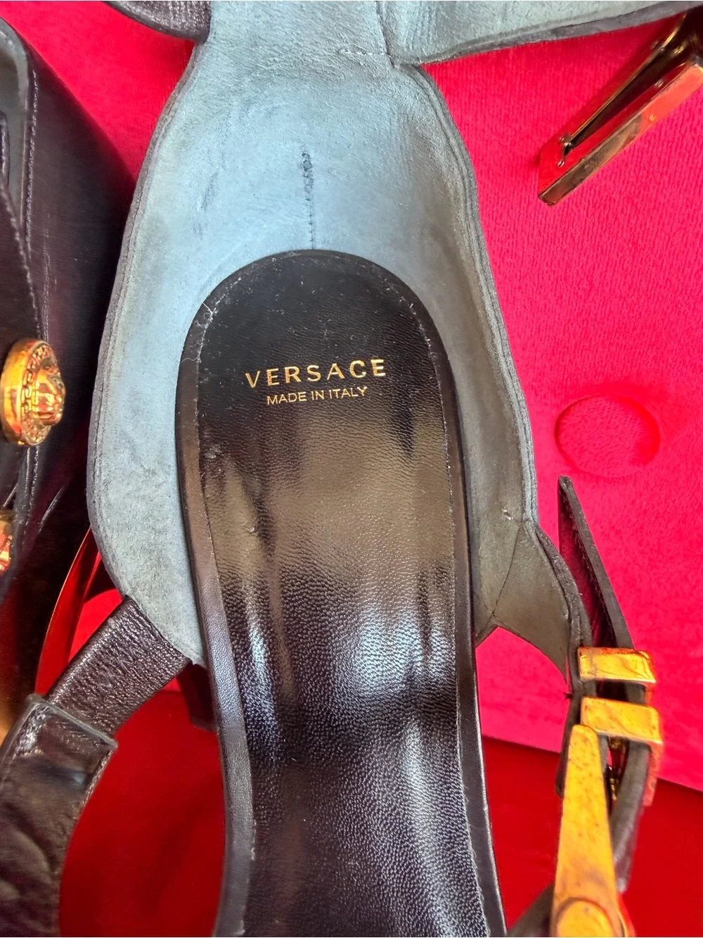 Versace Black and Gold Leather Triple Platform Medusa size 7.5/8 US